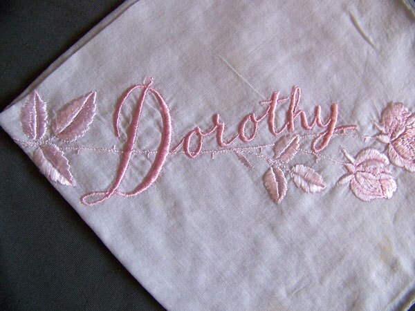 Hand hemmed handkerchief embroidered DOROTHY in pink Great Easter present