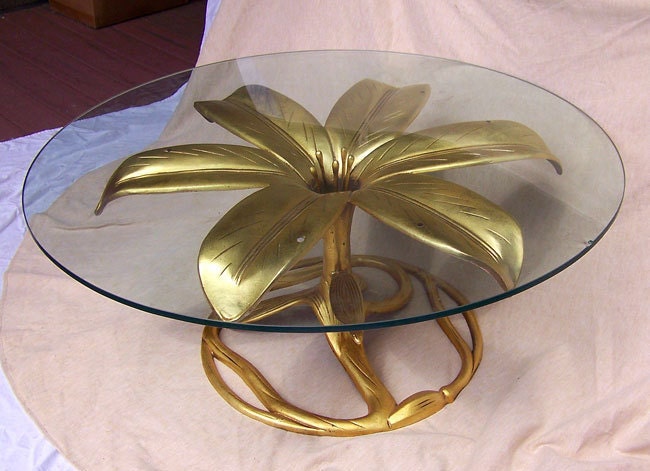 Hollywood Regency table gilt flower sculpture 36" modernist Art Nouveau coffee sofa cocktail end table