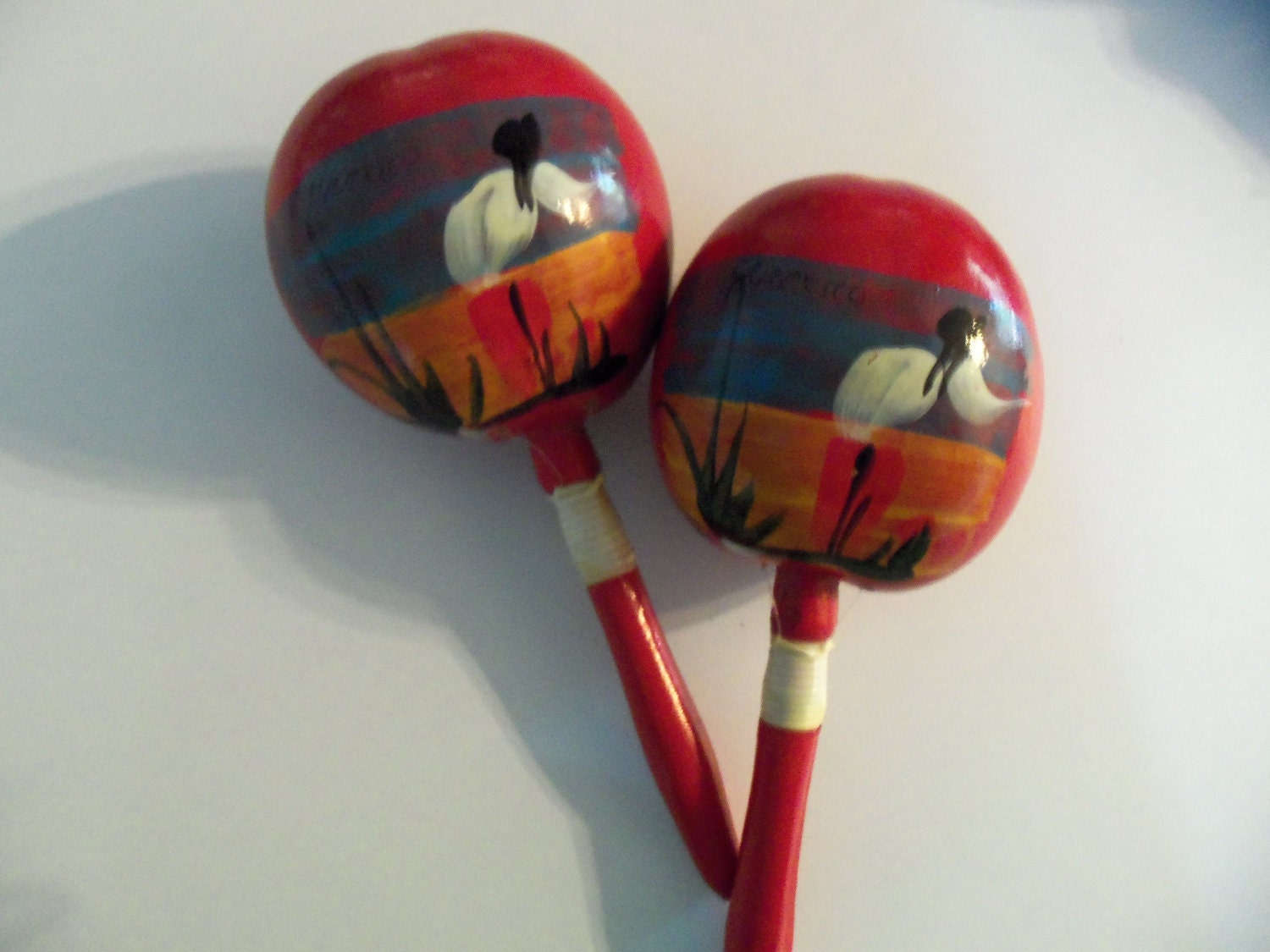 Vintage Hand Painted  Mexican Maracas Red