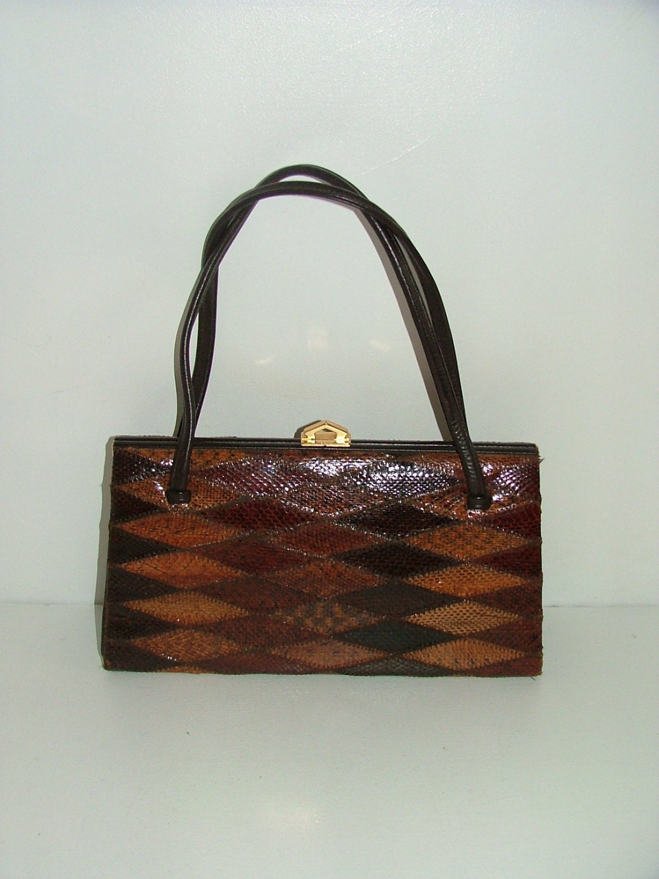 Vintage Elbief real snakeskin leather kelly bag grab handbag diamond patchwork pattern