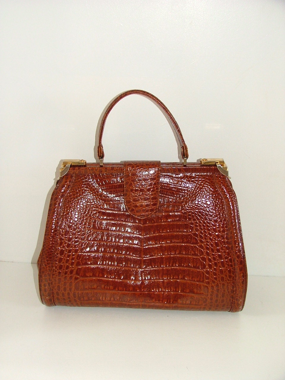 Vintage large tan brown leather moc croc doctors grab handbag bag reworked