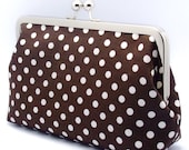 White Polka Dots in Brown  - Large Clutch Purse (L-055)