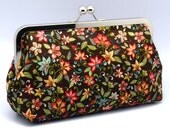 Small yellow and red flowers on brown - Large Clutch Purse (L-100)