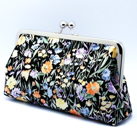 Yellow and orange flowers on black - Large Clutch Purse (L-108)