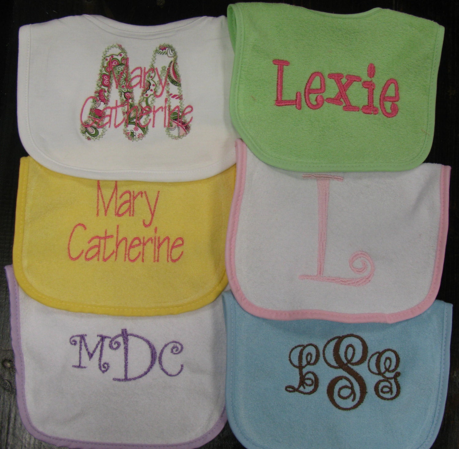 Set of three monogrammed bibs--you choose design