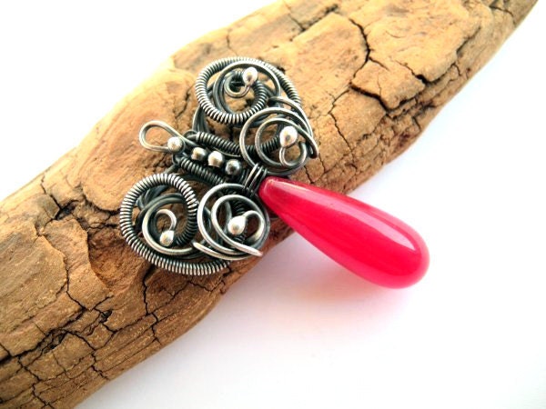 Red Butterfly Necklace - Silver Wire Wrapping Necklace with carmine Jasper - Botanical Woodland Romantic - Elvish Fantasy Necklace
