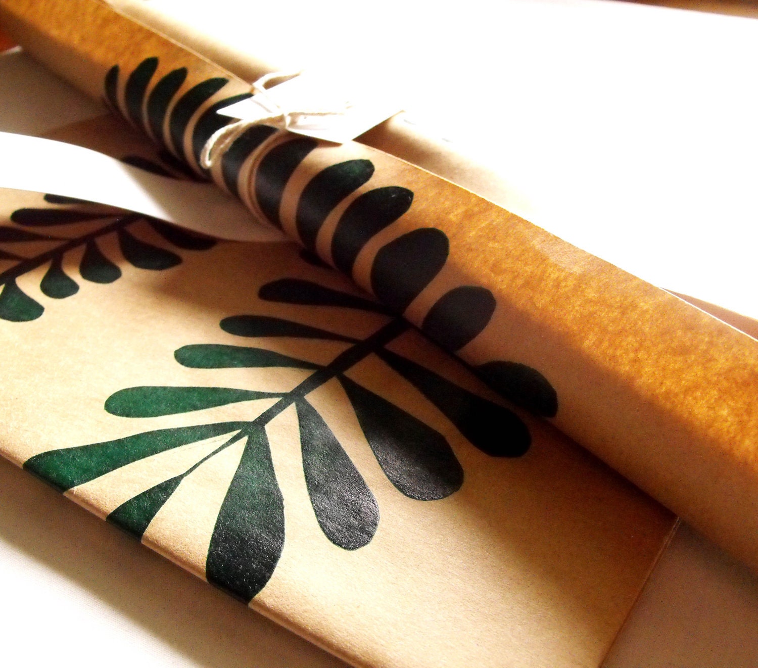 screen printed wrapping paper leaves