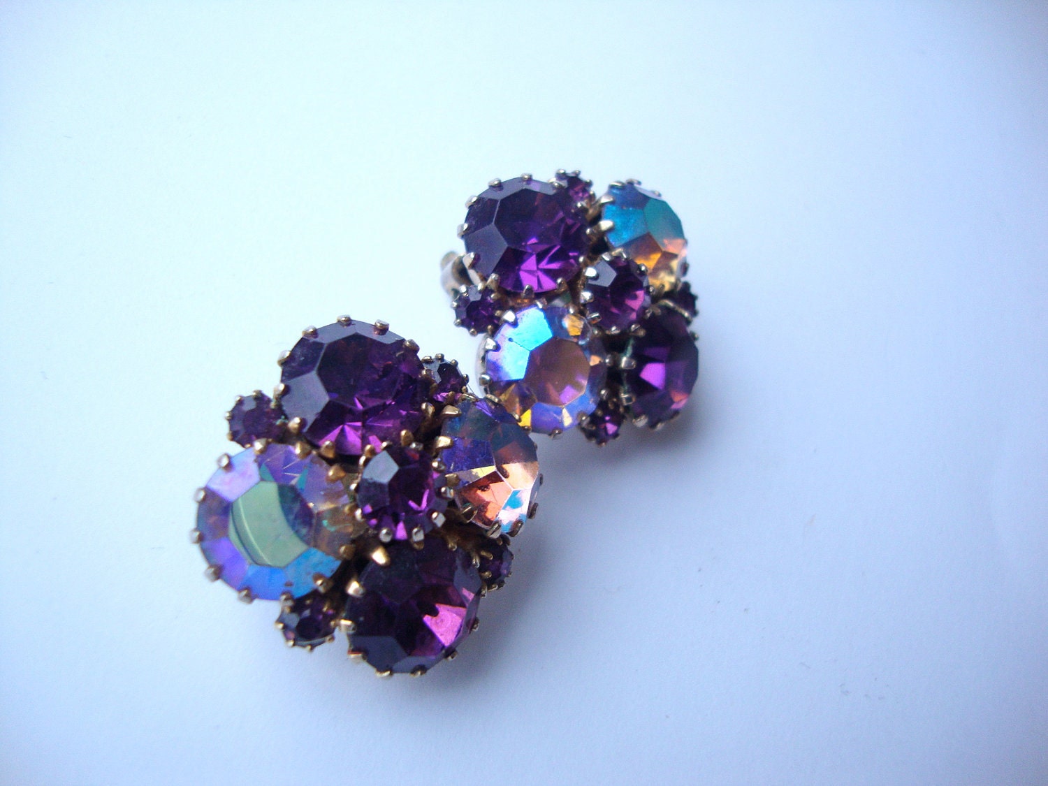 Signed Weiss Purple and Pink AB Clip Earrings