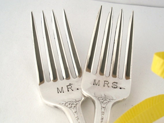 Wedding Forks, Vintage Mr. and Mrs., Dessert or Dinner Silverplated Hand Stamped Table Settings Bride Groom Engagement Gift