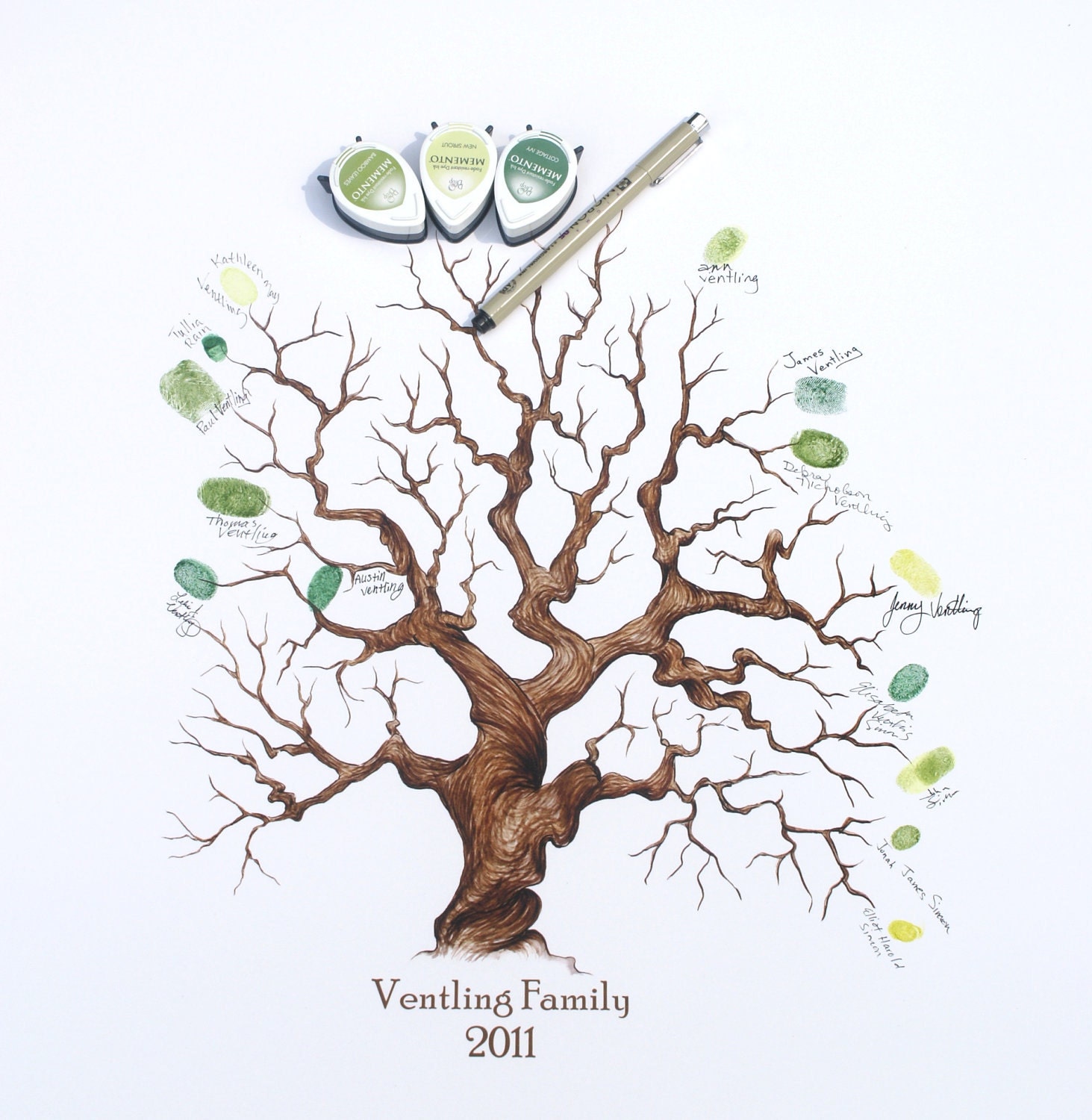Hand Drawn Family / Wedding Thumbprint Tree, (Custom Text with Complete Kit, 11x14)