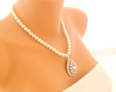 Art deco crystal rhinestone pear pendant necklace with full strand ivory pearls wedding jewelry bridal necklace bridesmaid gifts