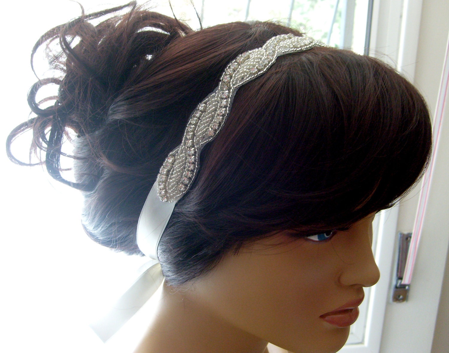 Art deco crystal rhinestone beaded bridal headband designed ivory double face ribbon bridal hair accessory bridesmaid gifts