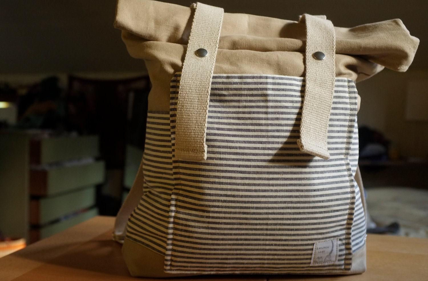 Organic Canvas Backpack - Roll Top - Stripes - Pockets - All Organic Rucksack