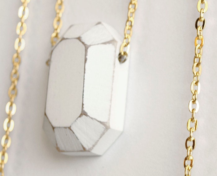 simple wooden Diamond - faceted geometric necklace - white wood jewelry on gold chain
