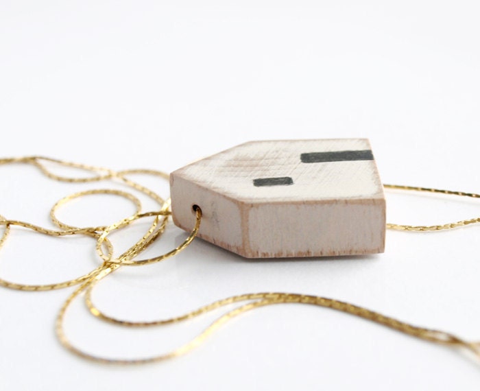 mini House necklace. white wood pendant. delicate gold plated snake chain. minimalist art
