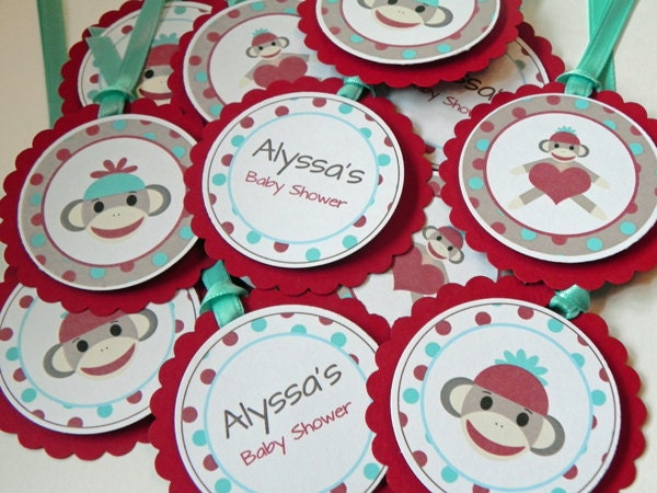 Party Favor Gift Tags Red & Blue Sock Monkey Party and Baby Shower Decorations