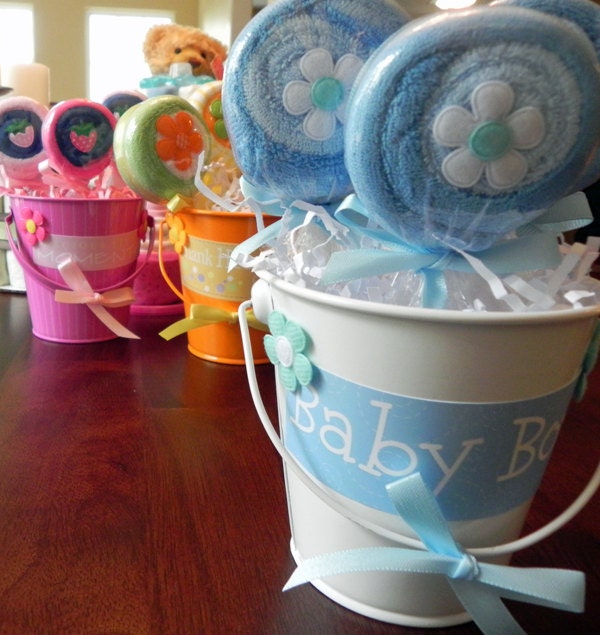 Washcloth Lollipop Pail -  Unique Baby Shower Gifts and Favors - infant washcloth, candy, girl, boy, neutral, cute