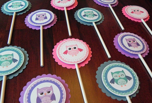 Cupcake Toppers: Girl Owls in Pink, Purple & Teal - Baby Shower Decorations