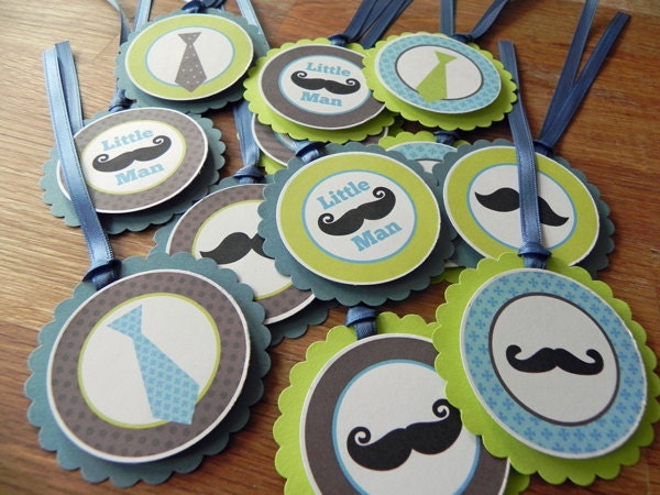 Party Banner: Little Man Mustaches and Ties in Blue Green & Brown - Boy Baby Shower or Kids Birthday Party Decorations