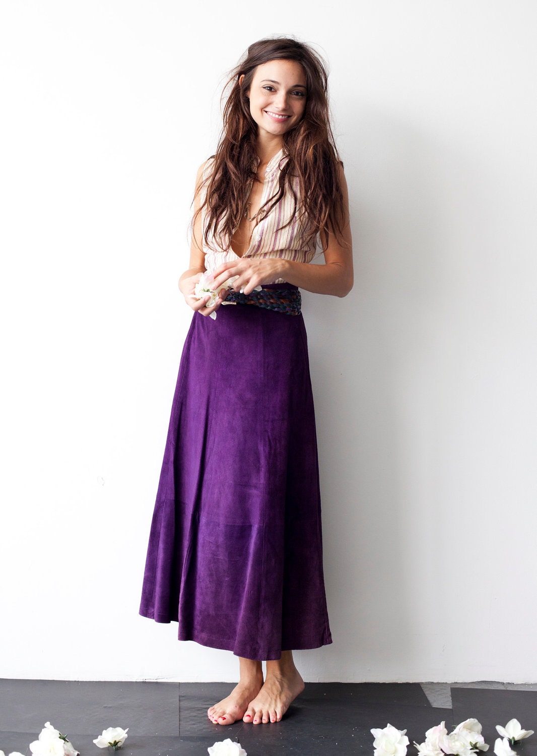 purple long skirt outfit