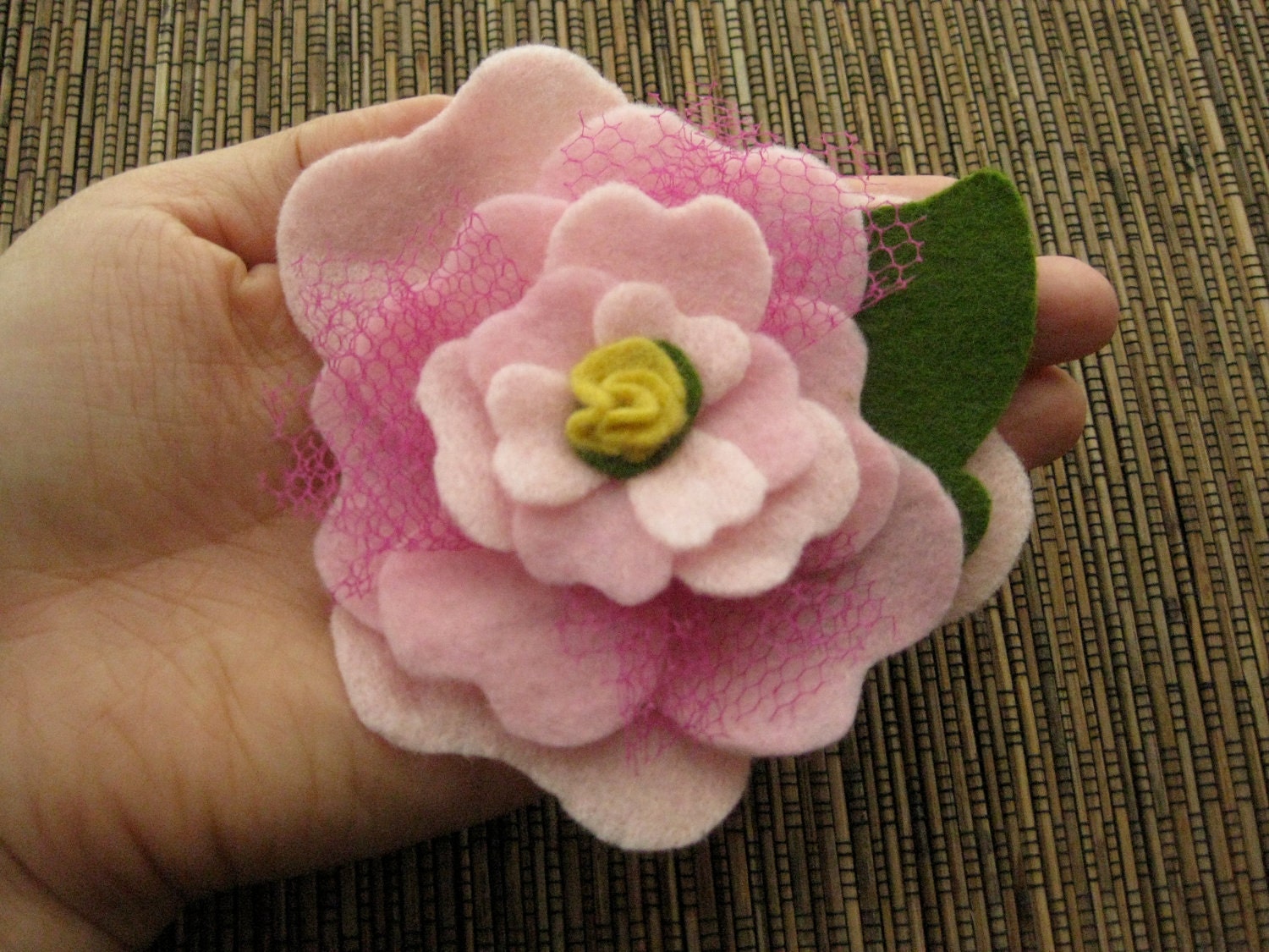 Pretty in pink eco friendly felt and tulle headband flower clip or pin
