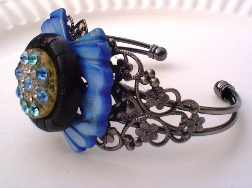 SALE Vintage Button and Buckle Bracelet Blue Rhinestone and MOP Jewelry