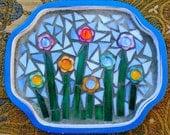 Mixed Media Stained Glass Mosaic Art Field of Flowers Tray
