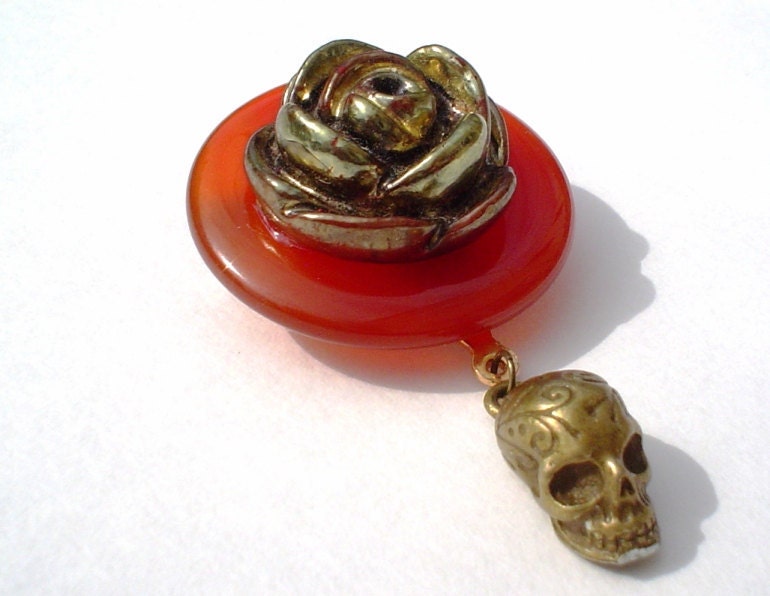 Vintage Button Pin/Pendant: Skull and Roses Carnelian Vintage Button Jewelry