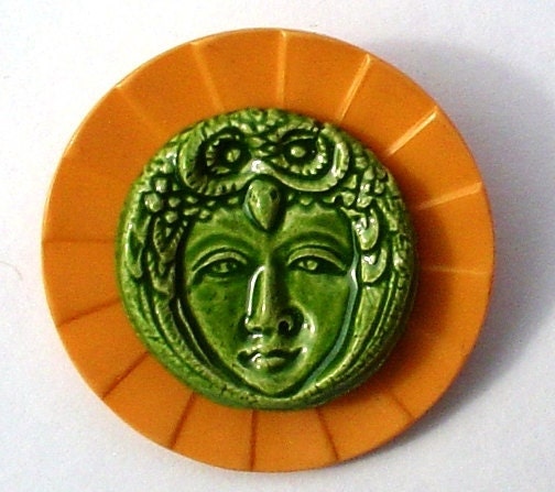 Vintage Button Pin/Pendant: Owl Lady Vintage Button and Ceramic Jewelry