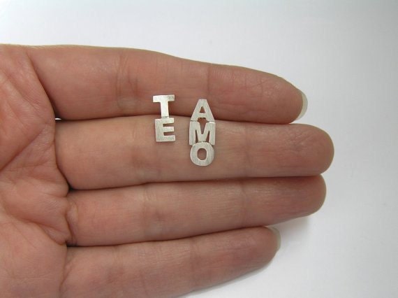 Silver Stud Earrings - TE AMO - I Love You Earrings