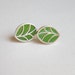 Silver Leaf Earrings - Green Leaf Studs - Sterling Silver and Resin