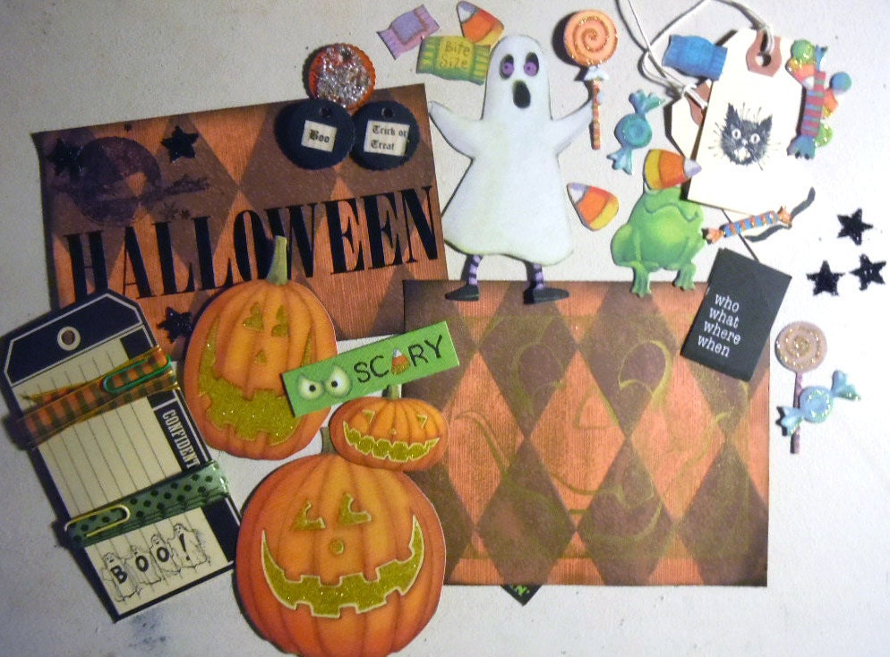 BOO Halloween inspiration ephemera scrapbooking collage kit in orange, black, green