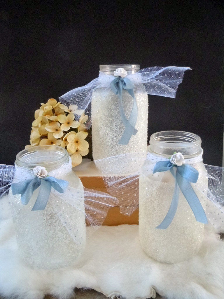 handcrafted COTTAGE shabby wedding decor JAR vases memento keepers by Lisa Rice SET of 3