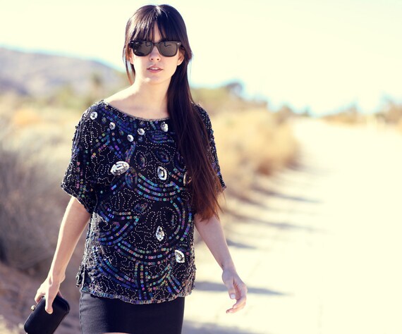 Black Sequin Silver Silk Blue Beaded Irredescent Evening Top Blouse - Peacock II