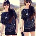 Black Sequin Silver Silk Blue Beaded Irredescent Evening Top Blouse - Peacock II
