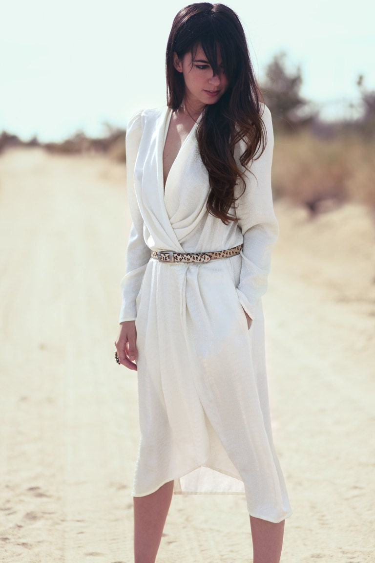 Ivory Cream Snakeskin Long Sleeve Grecian Deep Vneck Evening Cocktail Wrap Dress - Chloe