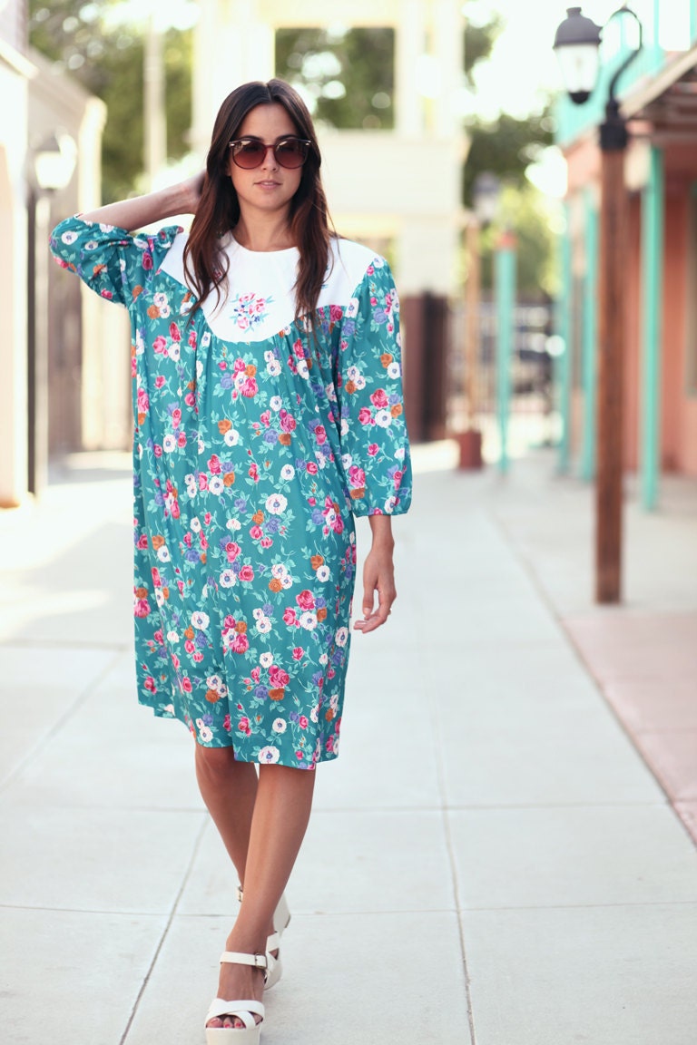 Turquoise Floral Embroidered Peasant Boho Hippie Dress - Emmy