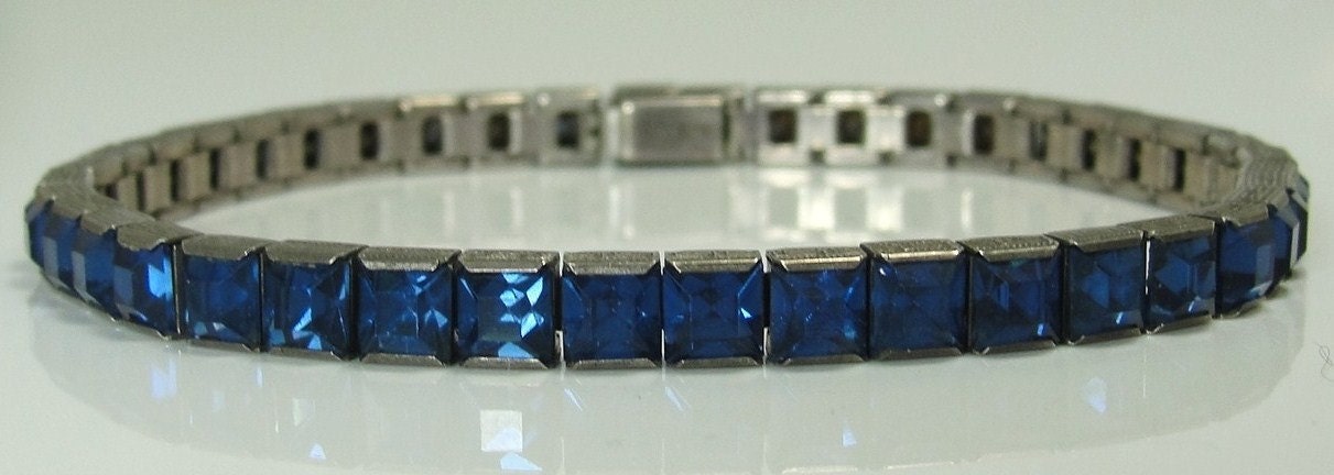 Art Deco Bracelet Sterling Silver Sapphire Blue Glass Crystals Wedding Jewelry