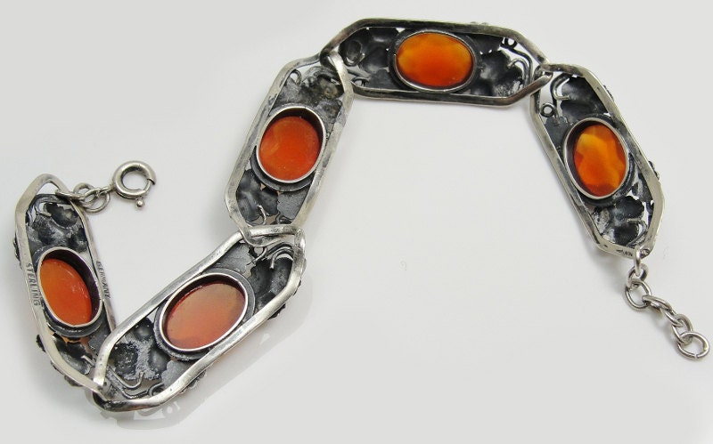1920s German Arts & Crafts Bracelet Sterling Silver Amber Carnelian Stones Figural Grapes Leaves Art Deco Nouveau