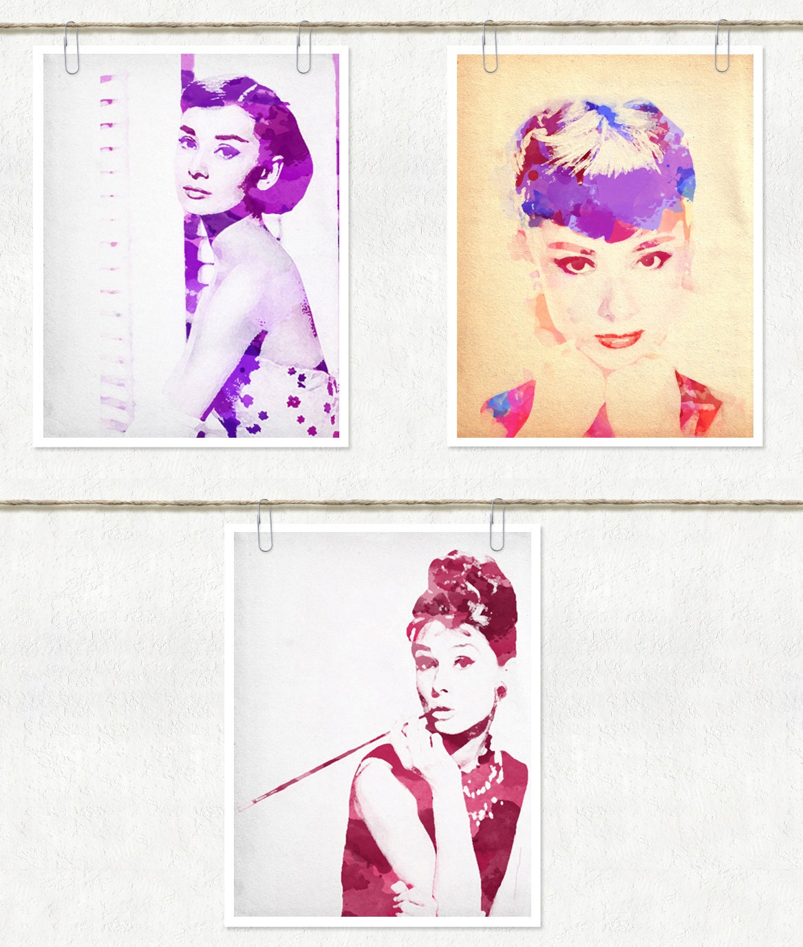 3 PIECE SET - Audrey Hepburn Digital Watercolors