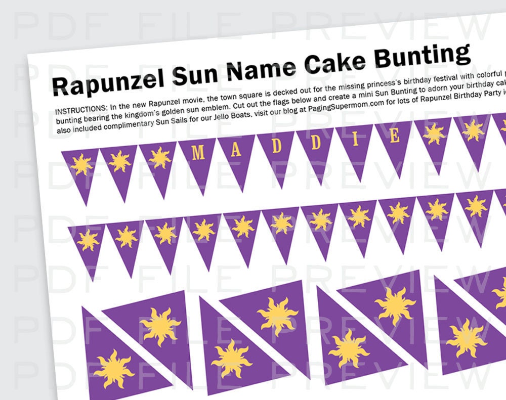 Rapunzel Birthday Cake Sun Bunting Printable with Custom Name