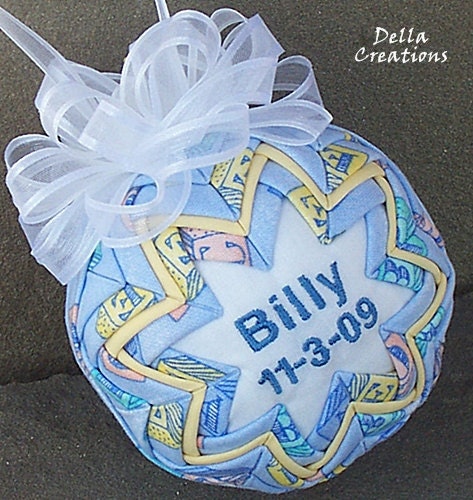 Personalized Baby Boy Quilted Ornament - Baby Blue with Blocks Fabric