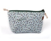 Cosmetic Purse. Gift under 15. Personalized Blue Green Leaves - Plum Yellow Flowers Print Fabric Make Up Pouch. Made to order.