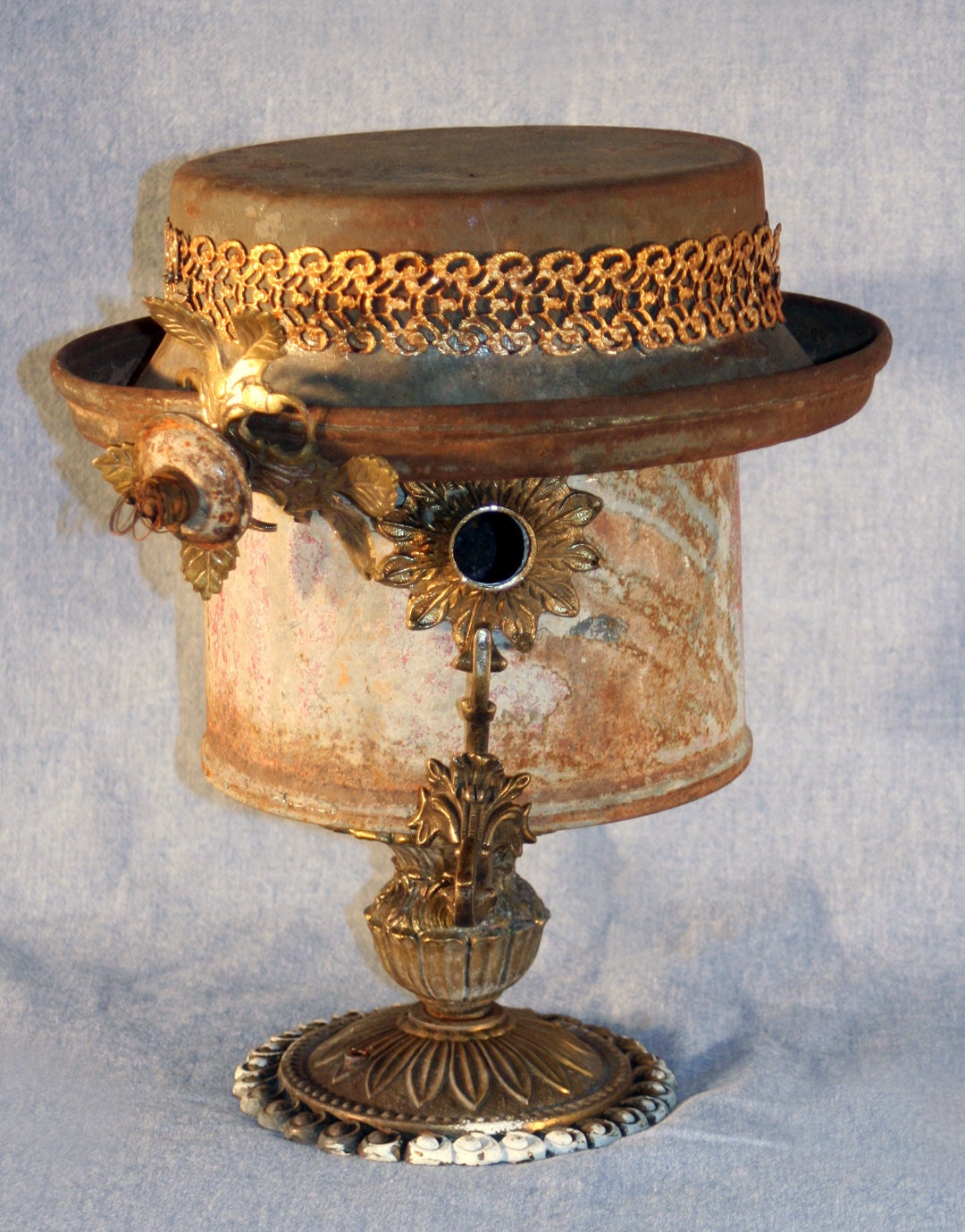 Birdhouse, Reclaimed Items, Found Objects, Handcrafted, Garden Art, Metal Birdhouse "Liza"