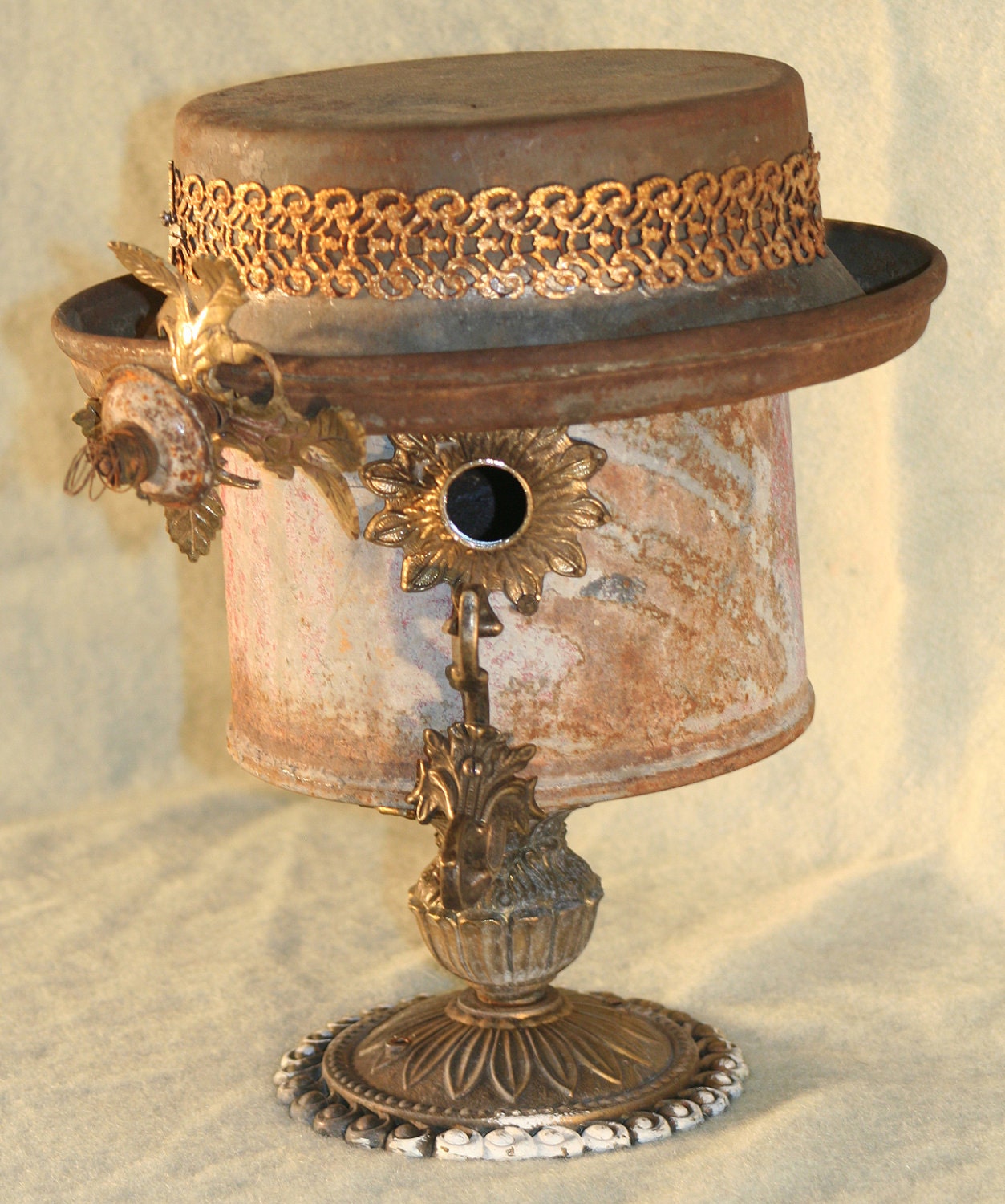 Birdhouse, Reclaimed Items, Found Objects, Handcrafted, Garden Art, Metal Birdhouse "Liza"