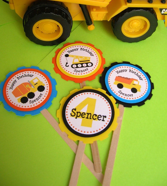 Construction Theme Personalized Cupcake Toppers (set of 12)