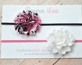 Baby Headbands - Zebra Print - Hot Pink - White - Satin Flowers - Infant Headband - Baby Photo Prop - Skinny Elastic - Gift Set