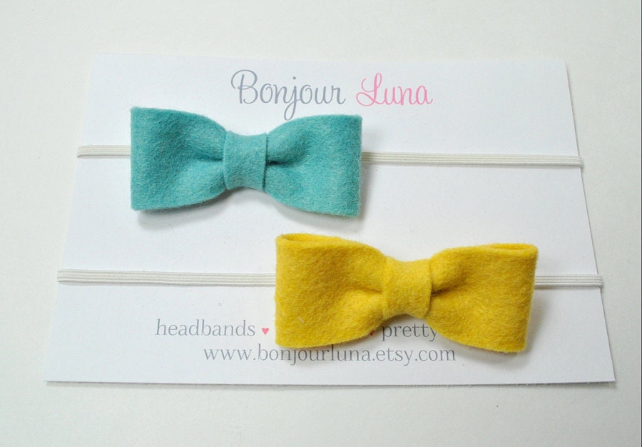 Baby Felt Headbands - Bows - Yellow - Blue - Aqua - Baby Photo Prop - Baby Headbands - Petite Size
