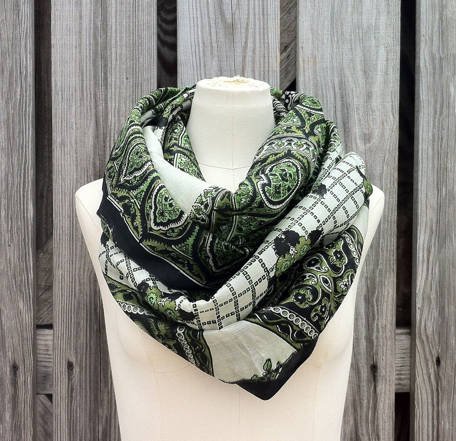Infinity Scarf Upcycled VINTAGE Silk Sari Circle Scarf in Amazing Greens Black and White