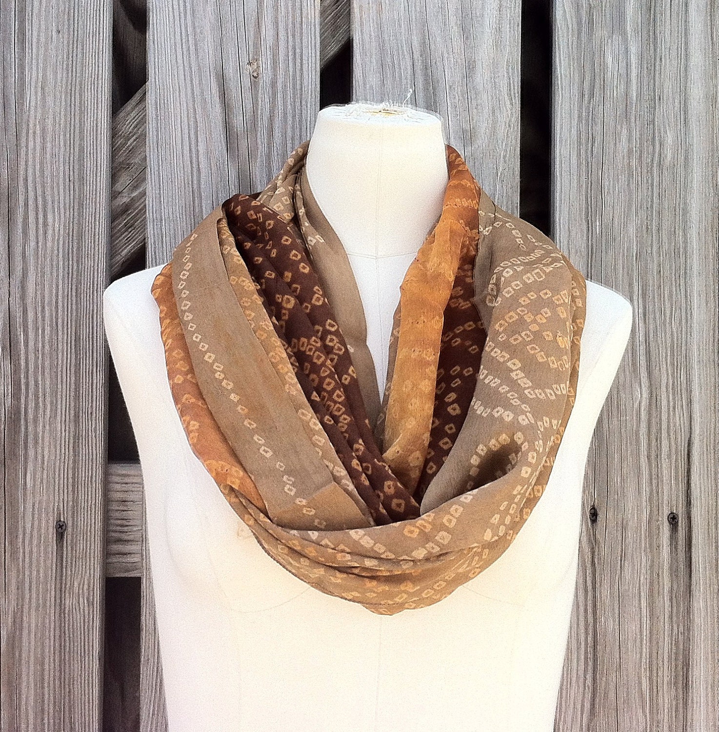 INFINITY SCARF Beautiful Upcycled VINTAGE Silk Sari Circle Scarf in Earthy Warm Tones Caramel Toast Latte